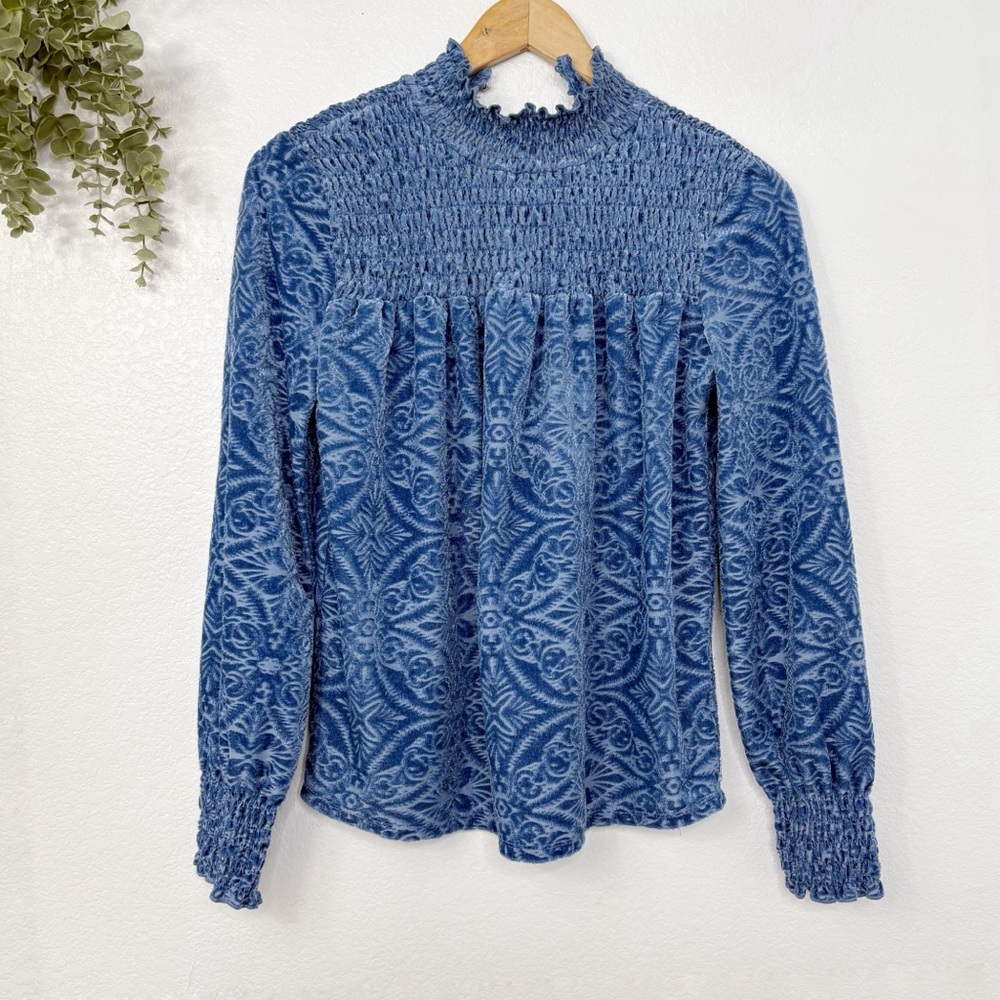 Simply Styled blue velvet burnout smocked long sleeve top